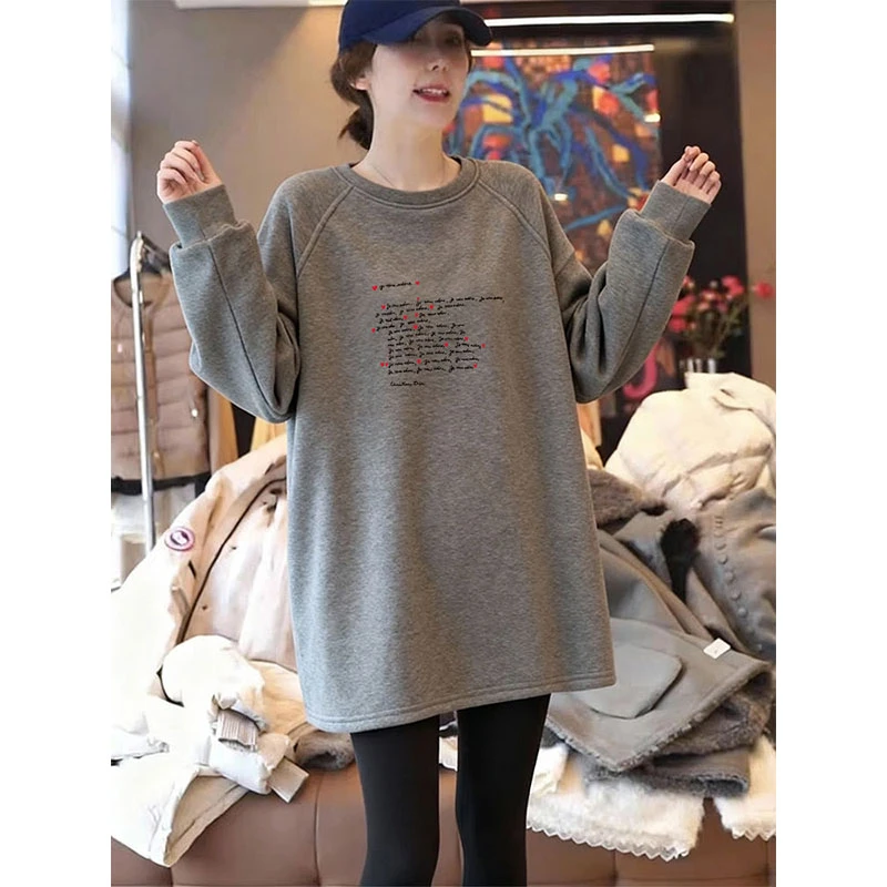 高级感圆领插肩袖宽松显瘦双面德绒厚款保暖中长款女装长袖上衣