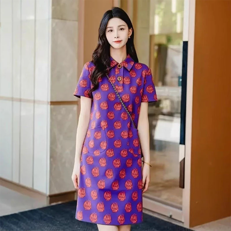 商场同款2025夏季新款休闲百搭POLO领紫色直筒短袖连衣裙150007