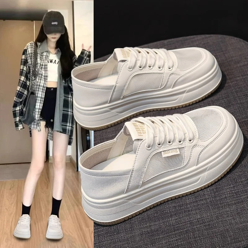 Moleubak网鞋女透气网面2025新款夏薄款软底一脚蹬厚底增高小白鞋