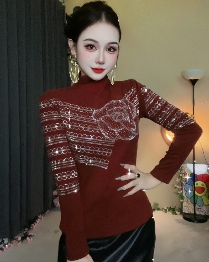 2025秋冬新款半高领时尚洋气长袖T恤修身显瘦小衫减龄女士打底衫