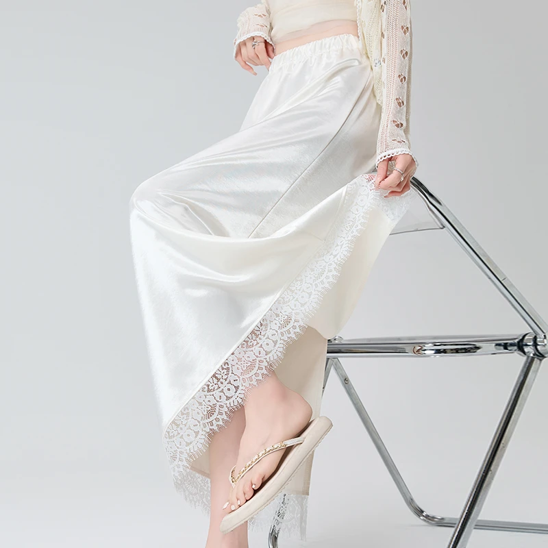 La Chapelle/拉夏贝尔醋酸缎面后开叉半身裙女夏季蕾丝a字长裙