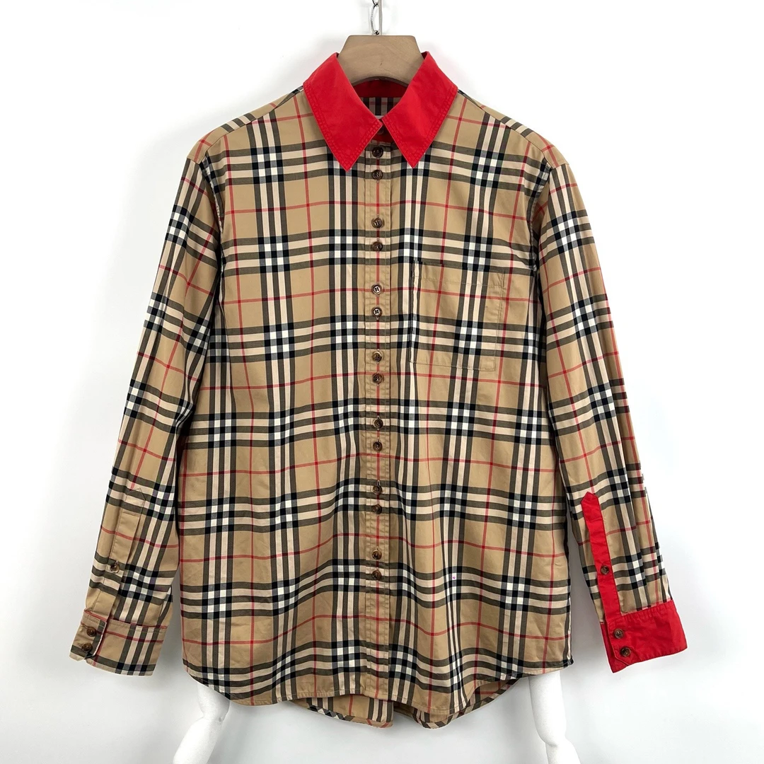 99新 BURBERRY/博柏利 uk6码/红领卡其色格纹红袖口长袖衬衫/0238