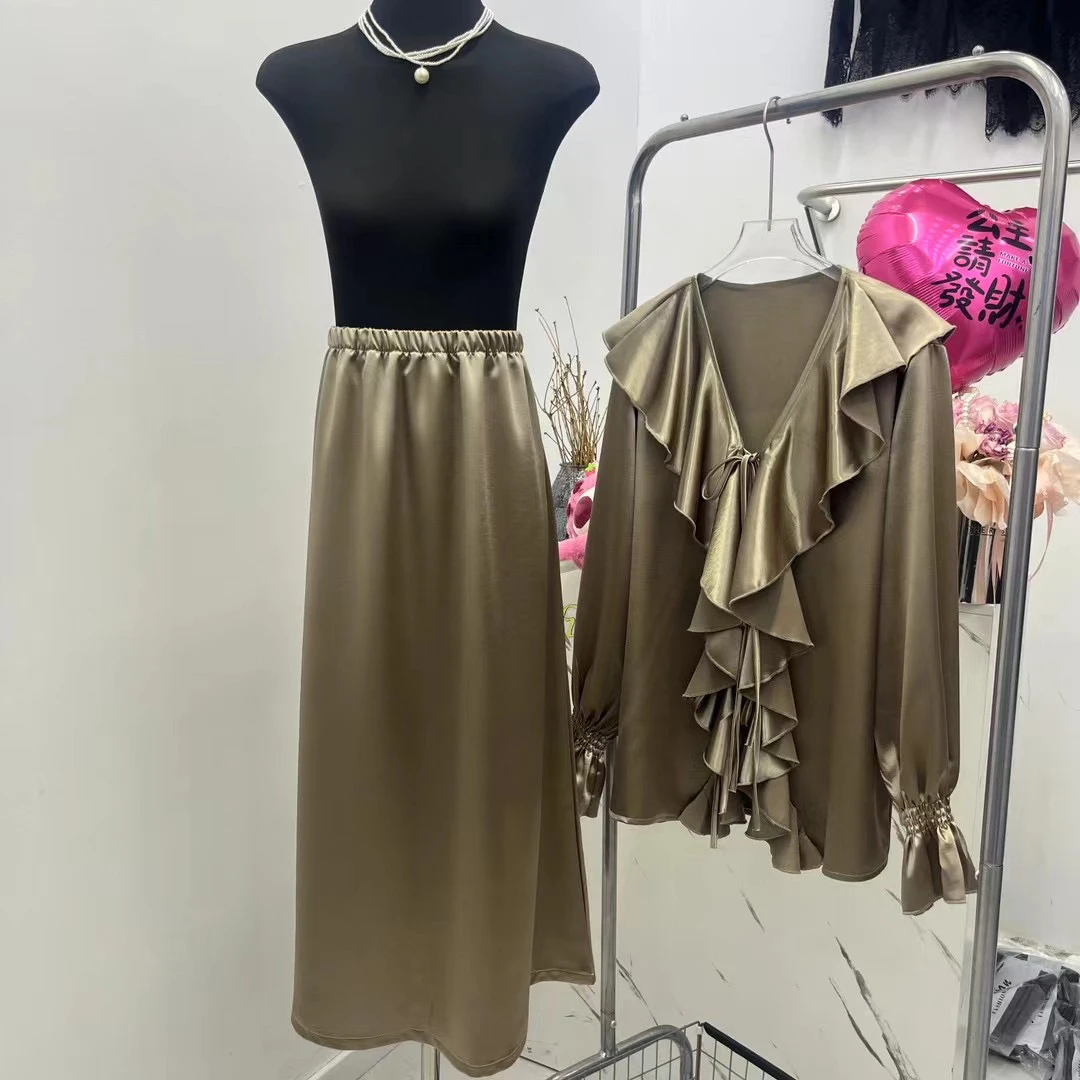 气质荷叶边长袖衬衫半身裙两件套优雅设计