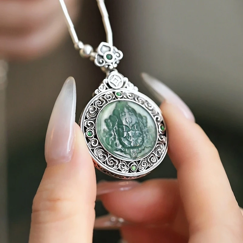 <一禅兄>S925银蓝水翡翠黄财财铜钱吊坠镂空花任意扣项坠深浅不一