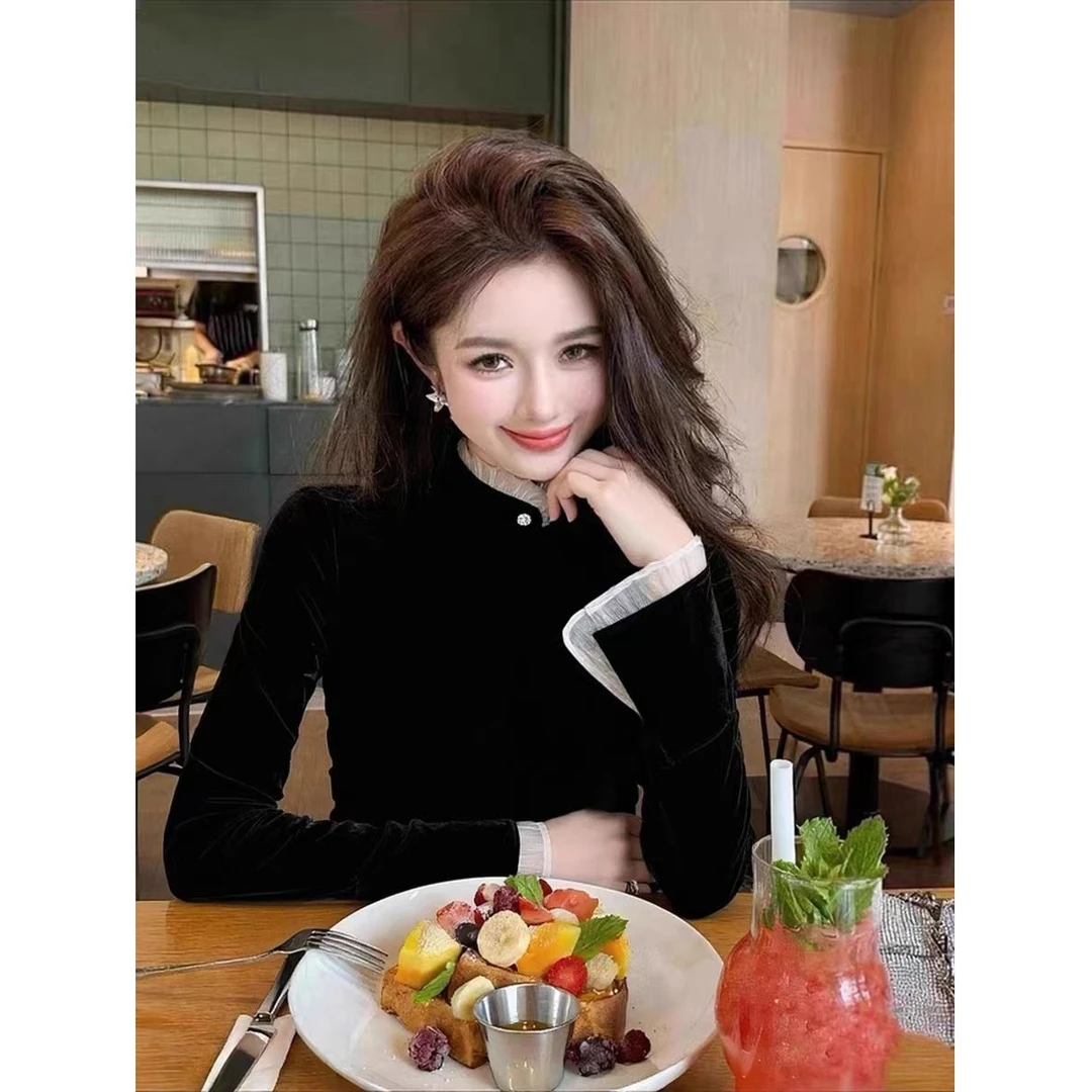 初冬巨好看气质高级感内搭上衣轻奢洋气减龄黑色丝绒立领内搭衬衫