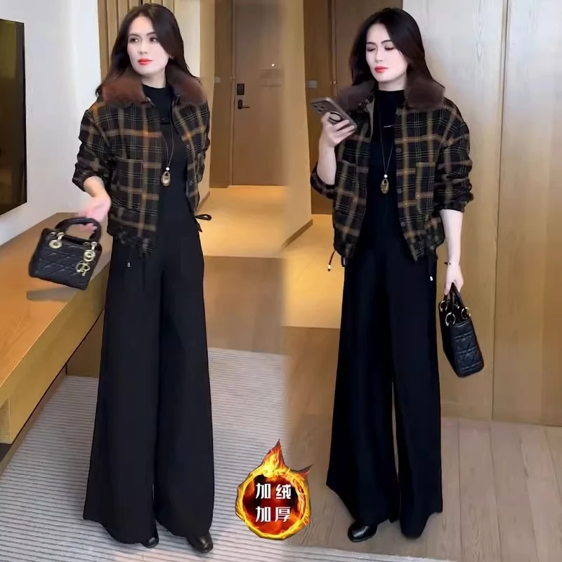 加绒加厚格子短外套女2025秋冬新款洋气小个子短款加厚保暖上衣潮