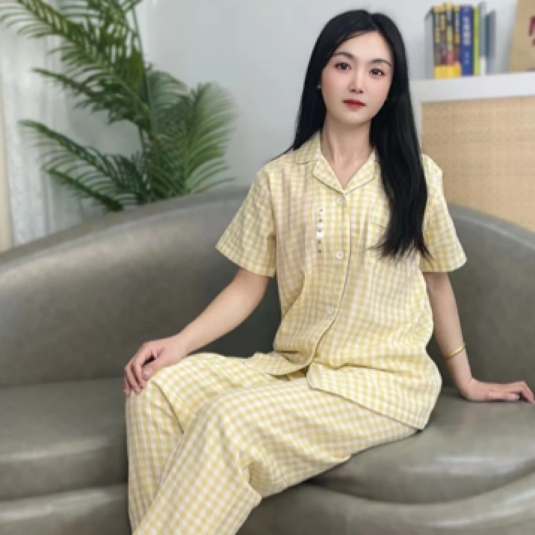 糖果色全棉双层纱睡衣短袖家居服纯棉舒适休闲格子女大学生睡衣
