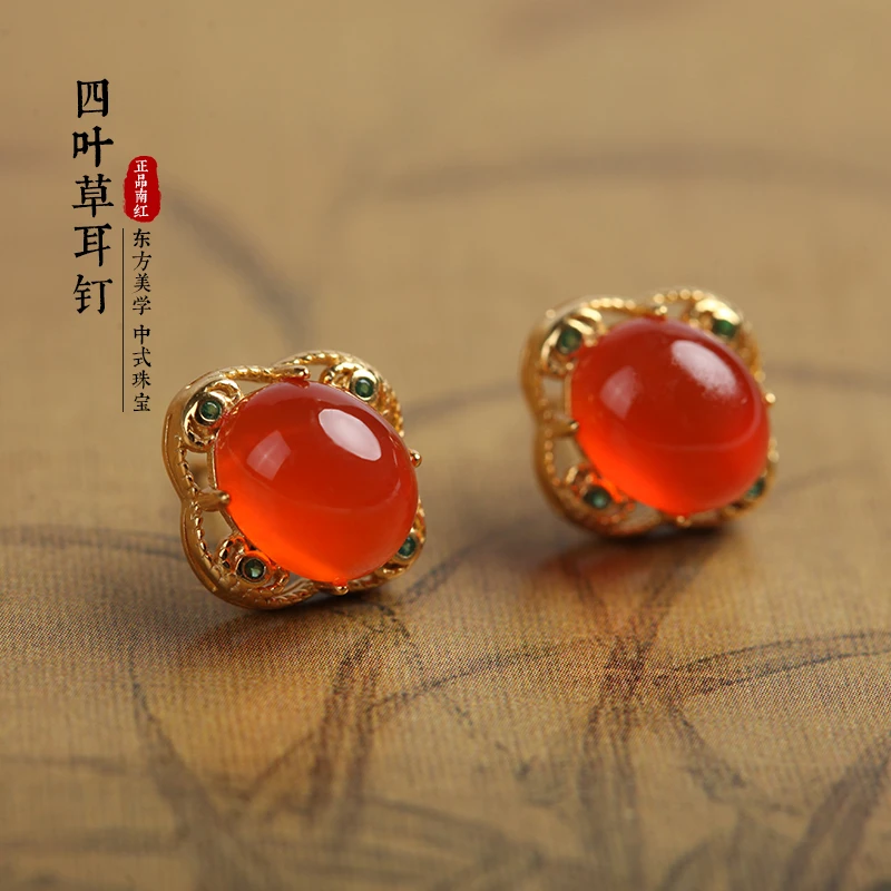 玖禧南红 S925银镶南红耳钉原矿南红冰红料 DS925Y0017