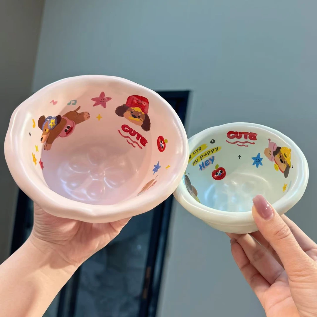 【圆和圈】出口尾单 加厚边 幸运小狗粉大碗+绿小碗两件套 陶瓷碗