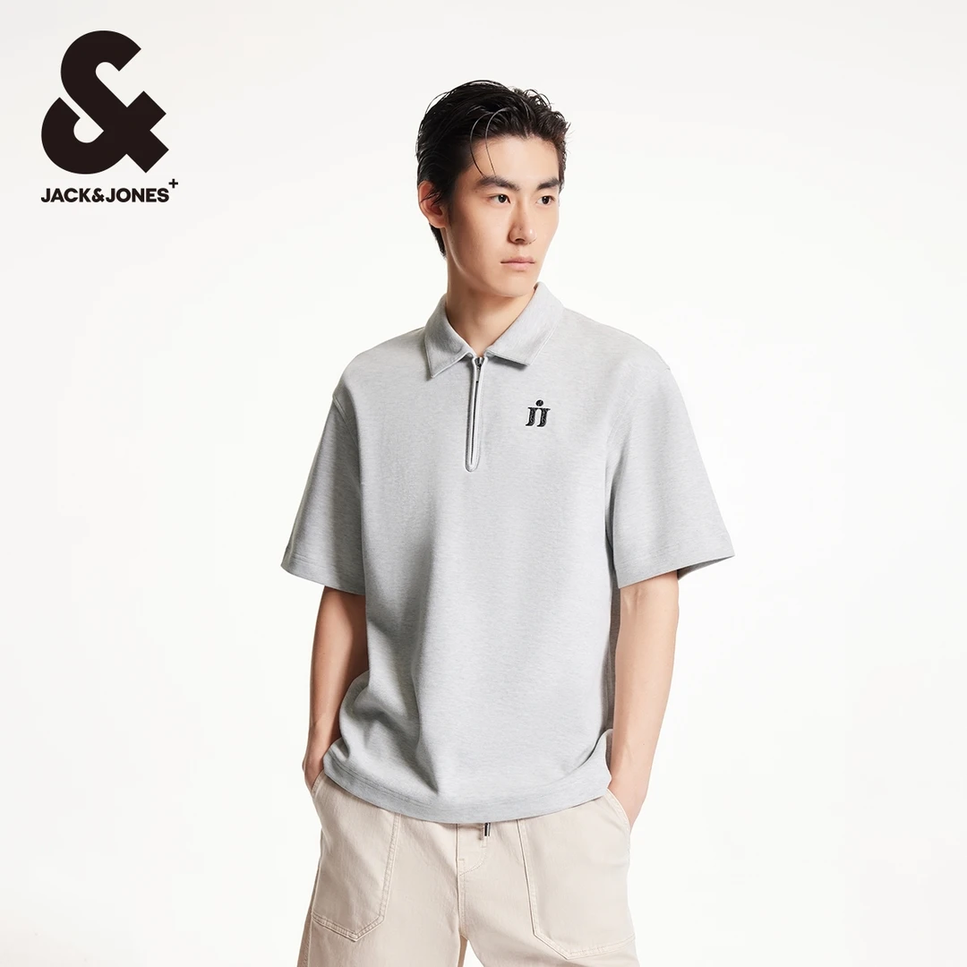 杰克琼斯秋季新款logo刺绣翻领拉链套头宽松休闲短袖上衣男装