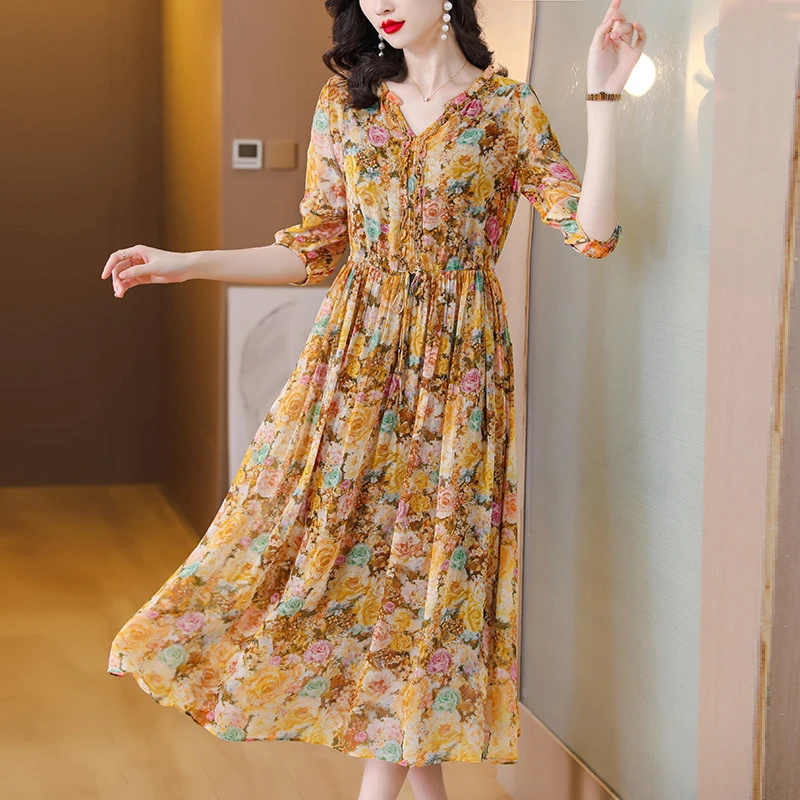 贵夫人真丝连衣裙女夏季2025新款桑蚕丝印花中年洋气妈妈高贵气质