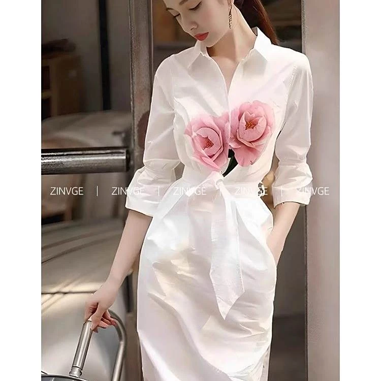 法式独特绝美小裙子风情万种的白色印花衬衫连衣裙女夏季2025新款