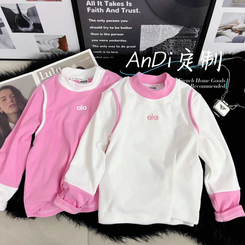 〖ANDI〗安迪订制秋季新款女童中大童圆领撞色假两件打底衫5163