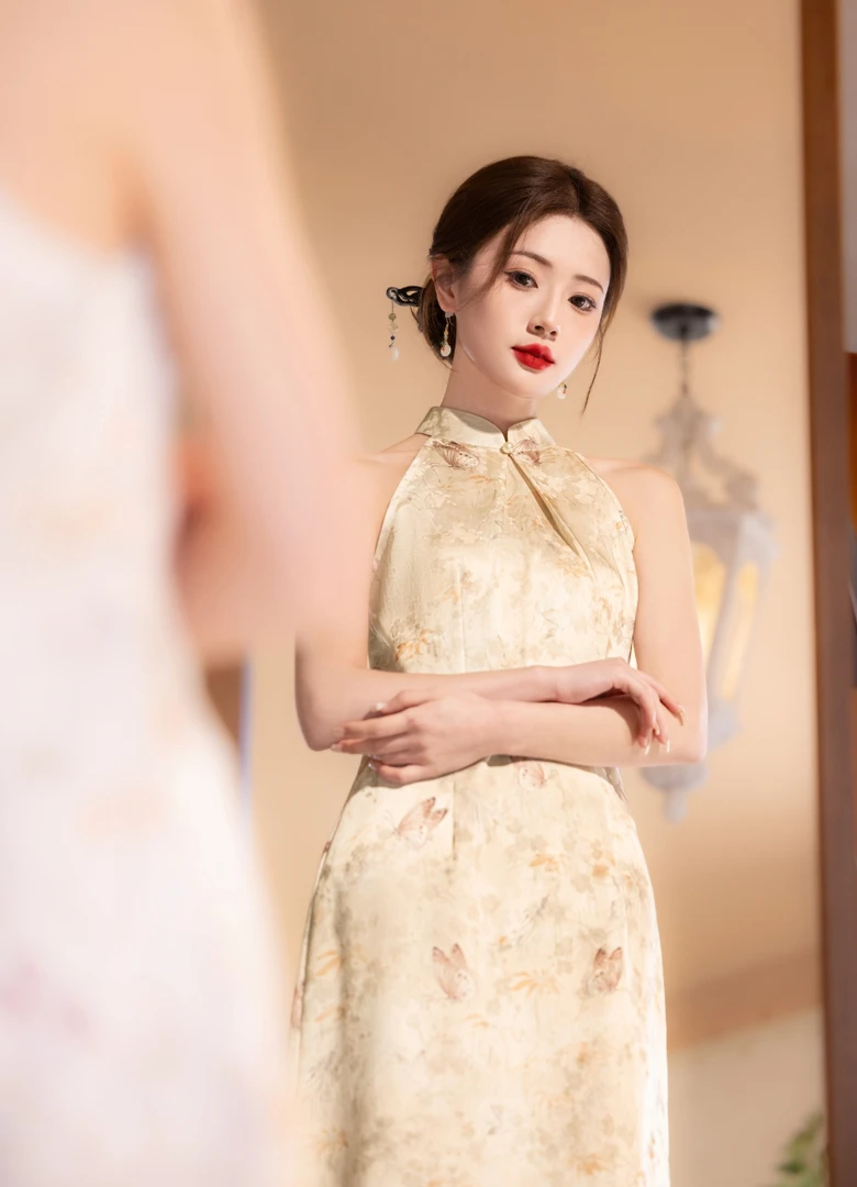 无袖旗袍长款日常中国风印花包臀裙新中式双层蕾丝设计师