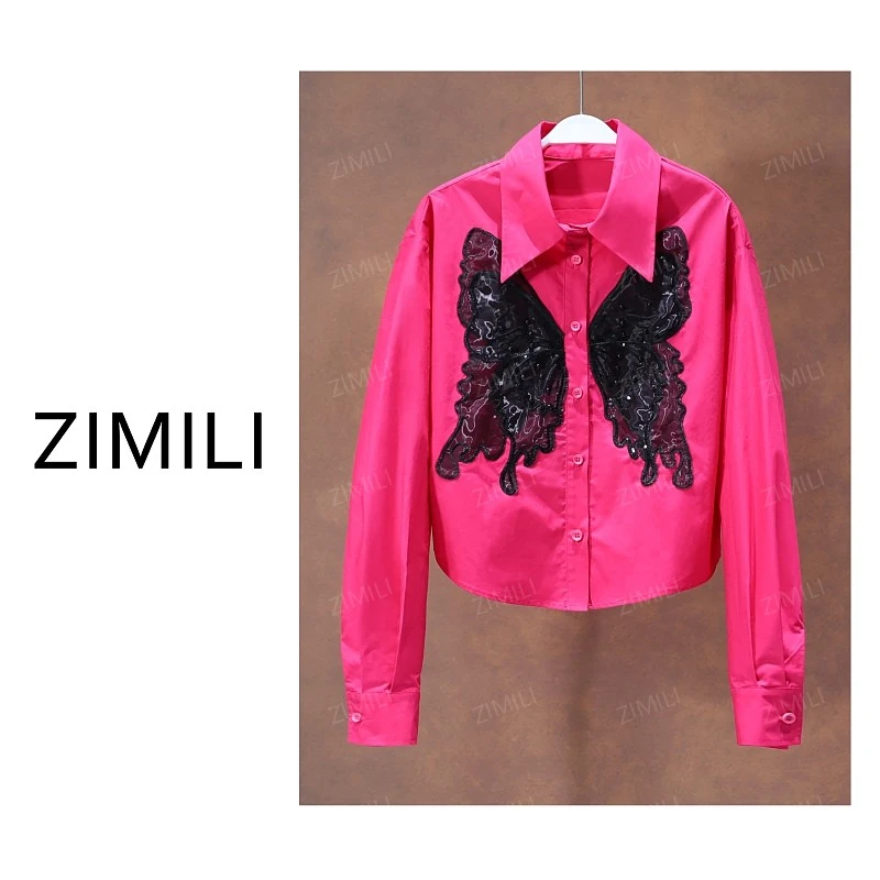 【亮哥女装】2025秋冬新品《蝶恋花》玫红色蝴蝶刺绣时尚衬衫9913-F1