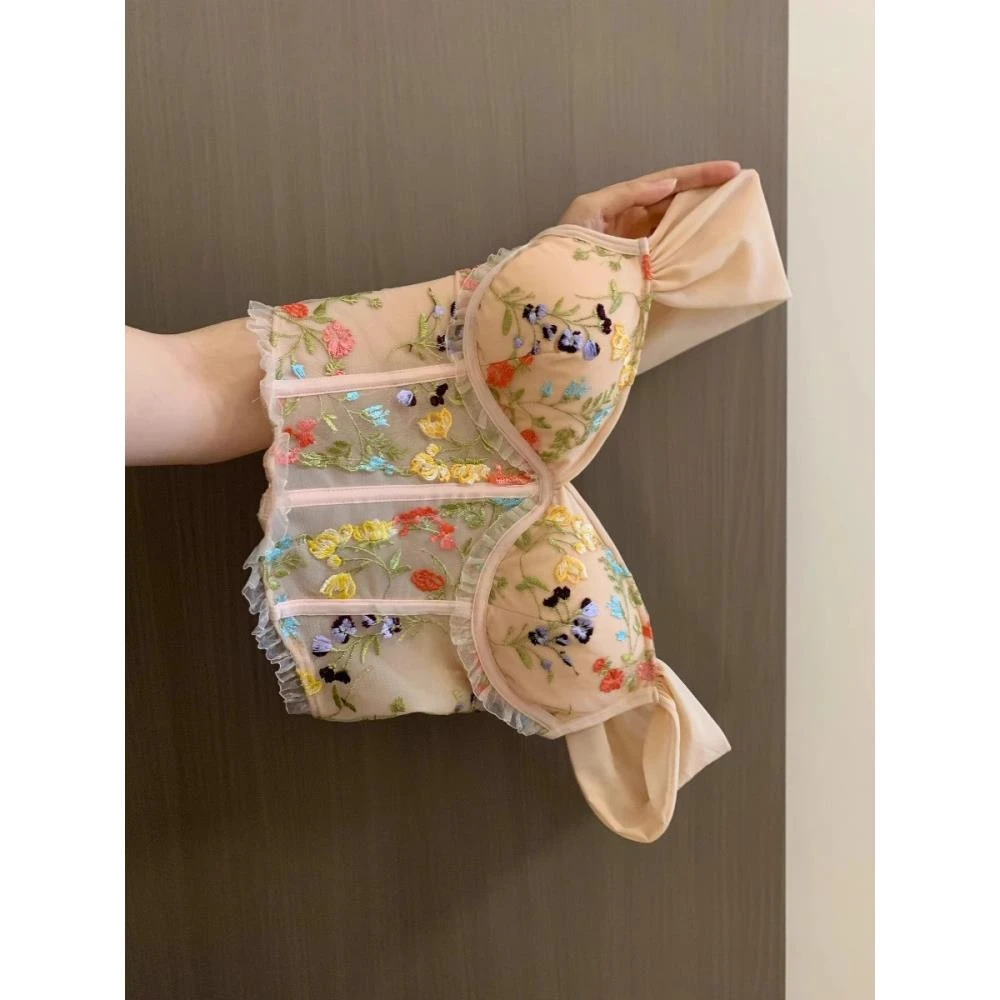 性感百搭辣妹既视感网纱刺绣鱼骨胸衣女夏季法式复古碎花无袖上衣