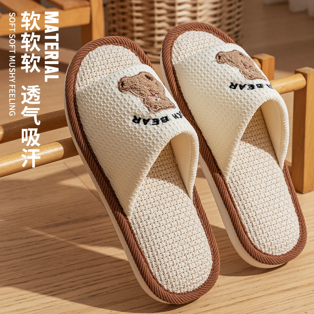 开口拖男士亚麻拖鞋春秋家居居室内静音厚底四季棉麻布拖鞋女居家