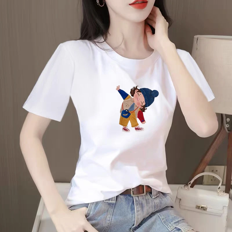 正肩白色短袖t恤女夏季韩版修身半袖大码洋气减龄印花体恤衫上衣