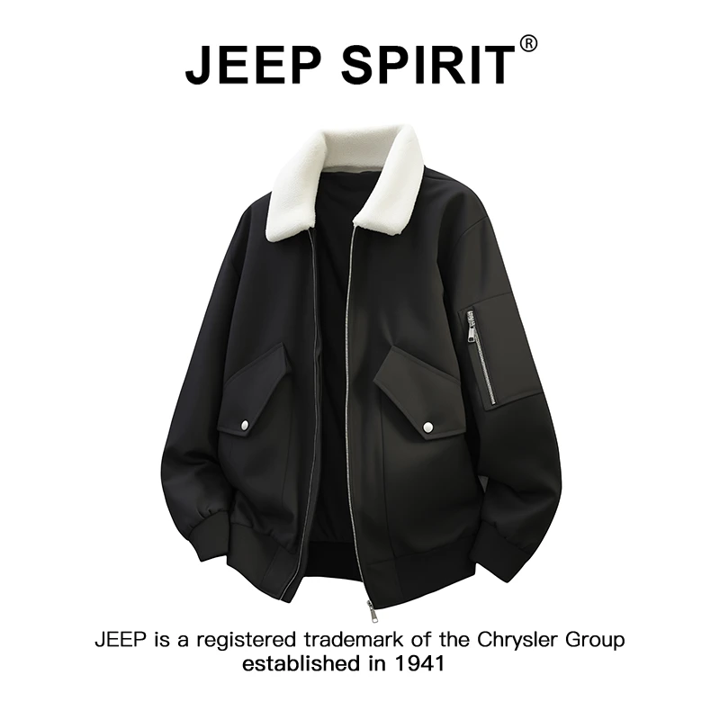 JEEPSPIRIT吉普羊羔绒翻领棉衣男士冬季加棉加厚防风保暖棉服外套