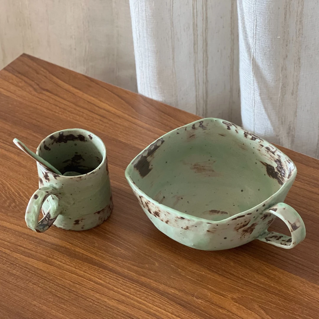 兮陶 绿色系手捏早餐套组 方形碗+直筒杯+勺