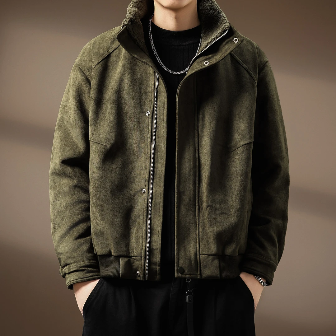 高端重磅皮毛一体加绒机车立领外套男士棉衣冬季新款加厚保暖夹克