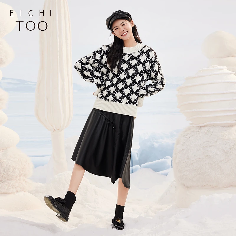 爱居兔冬女装半身裙不对称褶皱时尚PU皮单裙伞裙EQDDJ4M007A