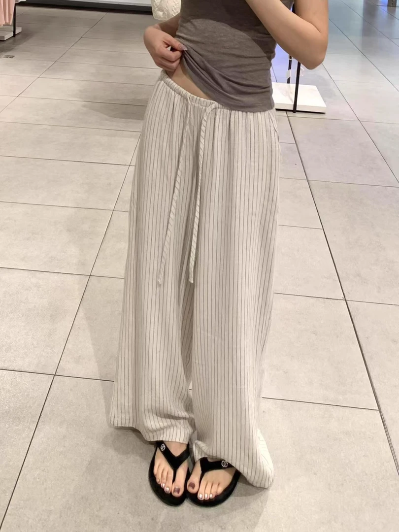 松弛感条纹亚麻休闲裤女夏季薄款大码胖mm高腰显瘦宽松垂感阔腿裤