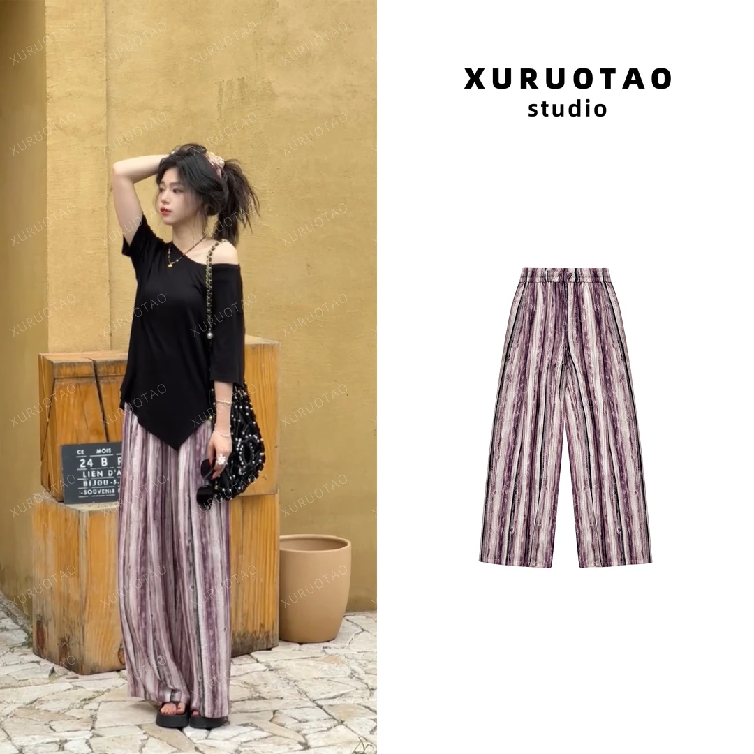 XURUOTAO 【樱花派对】亚麻设计松紧腰抽绳显瘦粉色休闲裤 T5251