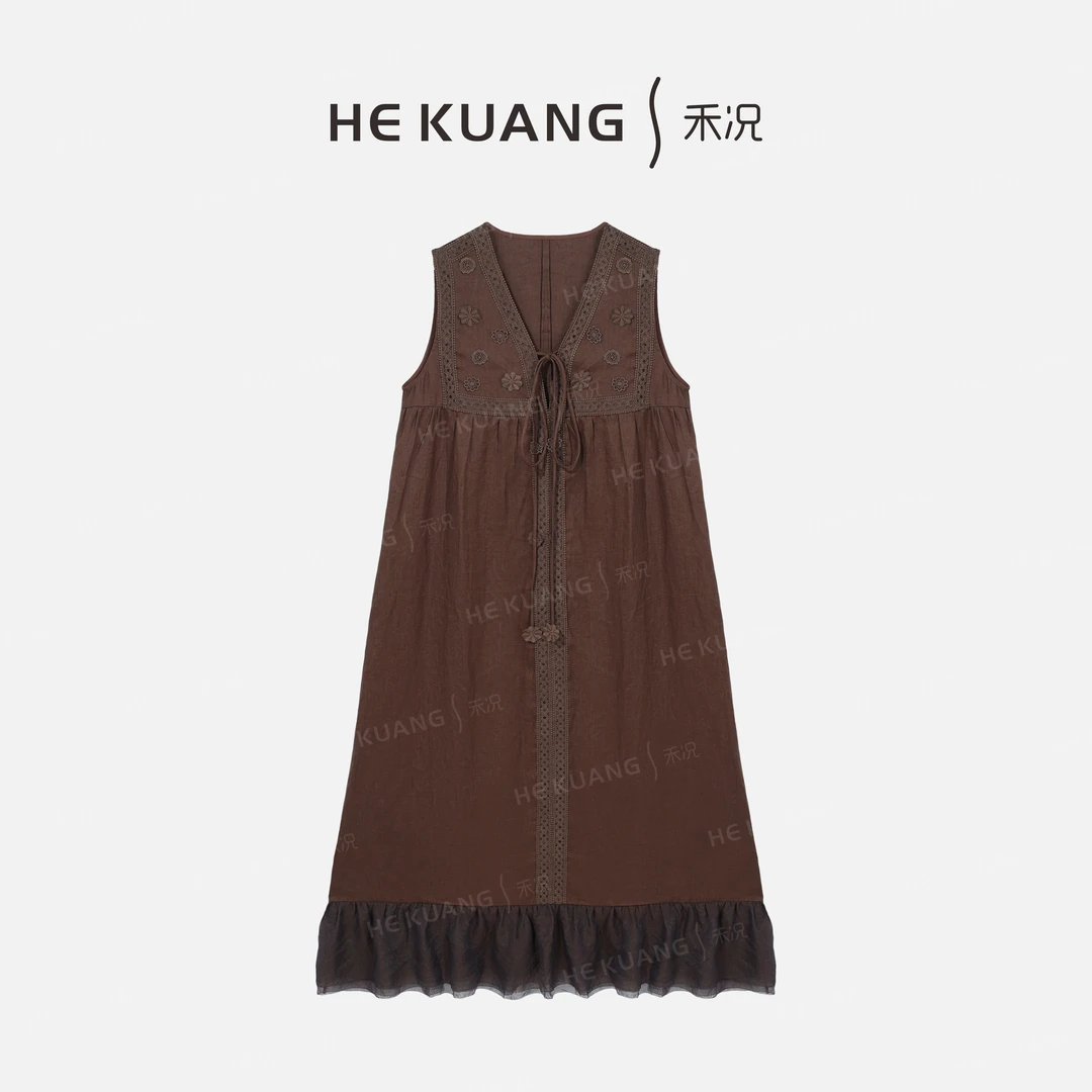 禾况HEKUANG琥珀流光【芳兰】亚麻绑带重工提花清凉连衣裙L652 0278