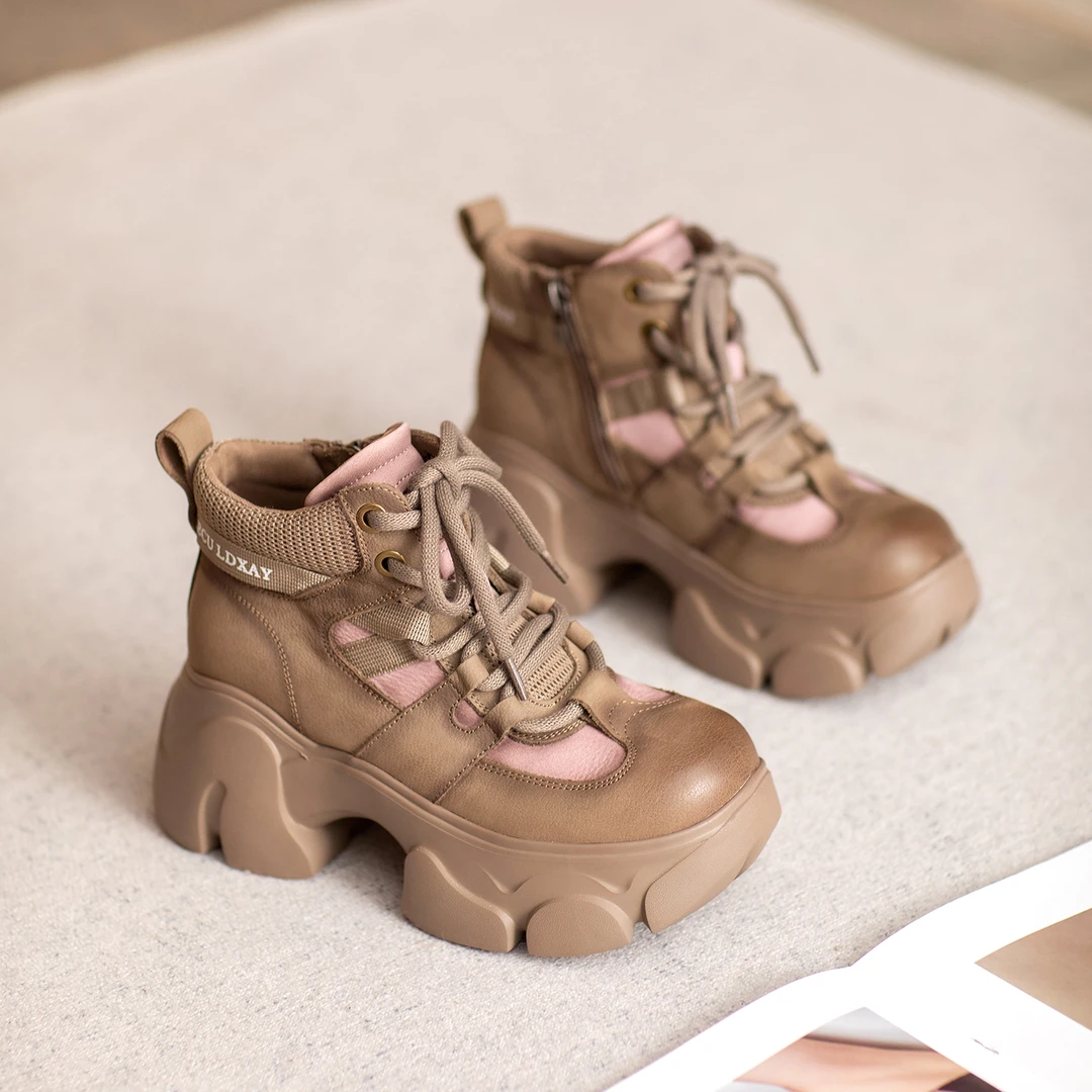 头层牛皮拼色老爹鞋女2025秋季新款厚底小个子增高马丁靴高帮女鞋