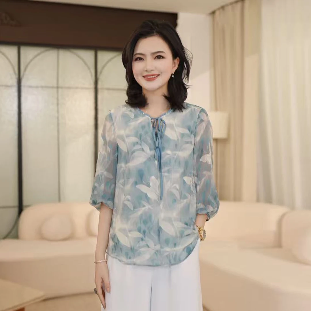 枫竺女装阿楠anan优雅通勤圆领系带五分袖印花衬衫女秋天穿搭衬衣