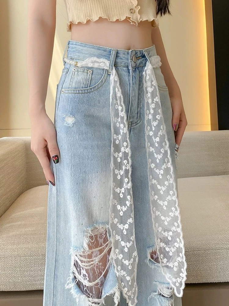 裤子飘带丝带白色珍珠蕾丝花边飘带腰带配牛仔裤装饰配件链条丝巾