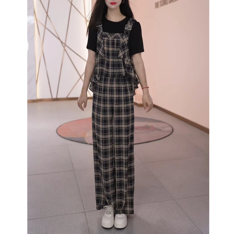 假两件格子上衣宽松阔腿裤子套装女2025夏季新款时尚显瘦两件套潮