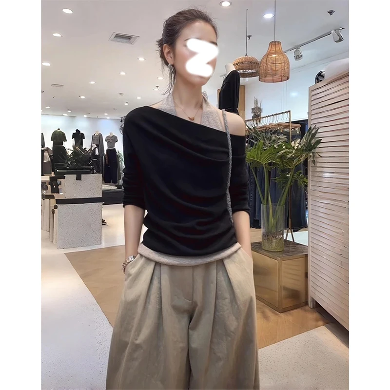 假两件挂脖斜肩长袖T恤女秋季设计感韩系穿搭轻熟小众不撞款上衣