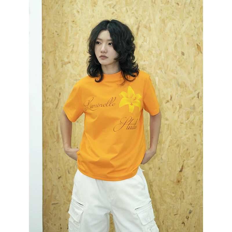Luminelle夏季花朵印花正肩T恤情侣男女美式复古橘色花卉字母短袖