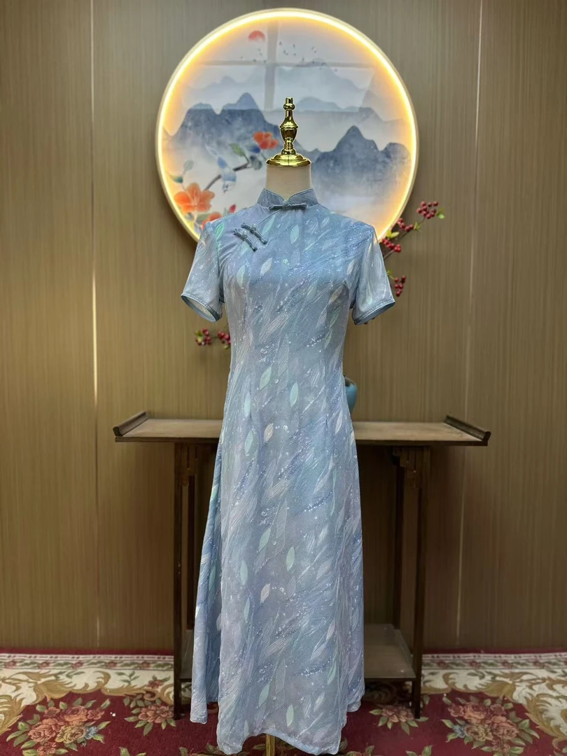 灵泽 蓝日常气质文艺国风复古优雅奥黛改良长款旗袍
