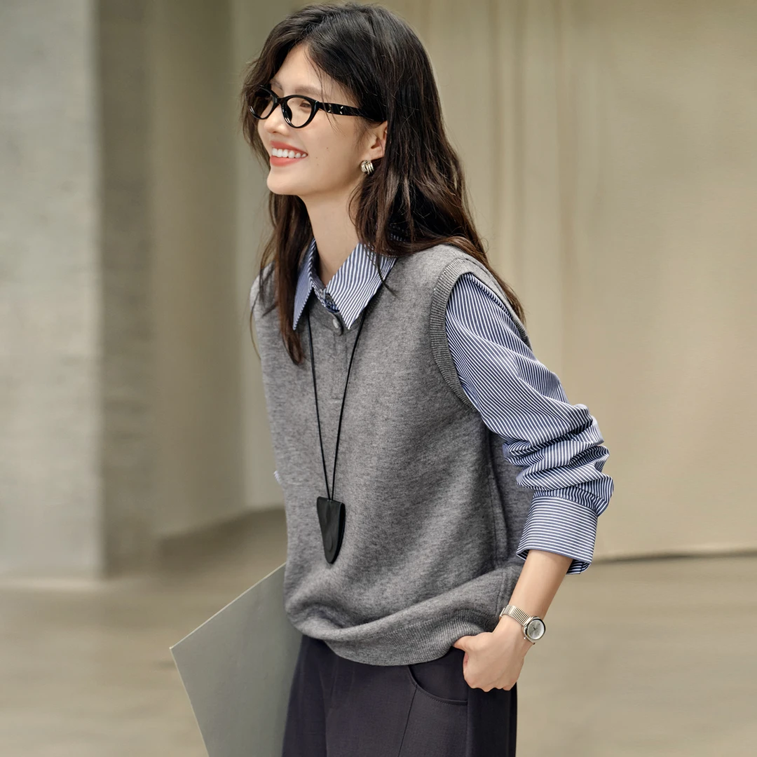 假两件撞色条纹衬衣拼接针织衫秋季设计感高品质设计感通勤上衣女