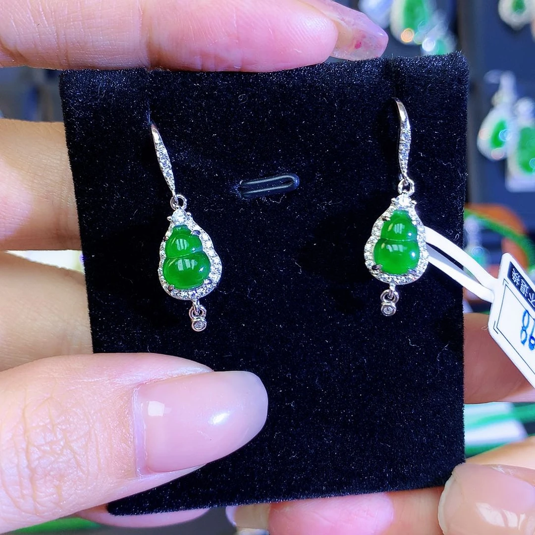翡翠耳饰银S925镶嵌天然翡翠耳勾