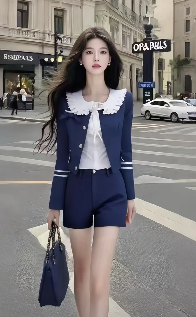 休闲风气质显瘦氛围感穿搭长袖短款外套百搭内搭短裤深蓝色三件套