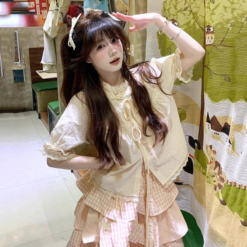 2025夏季新款甜美清新可爱温柔气质少女短袖衬衫蛋糕半身长裙套装