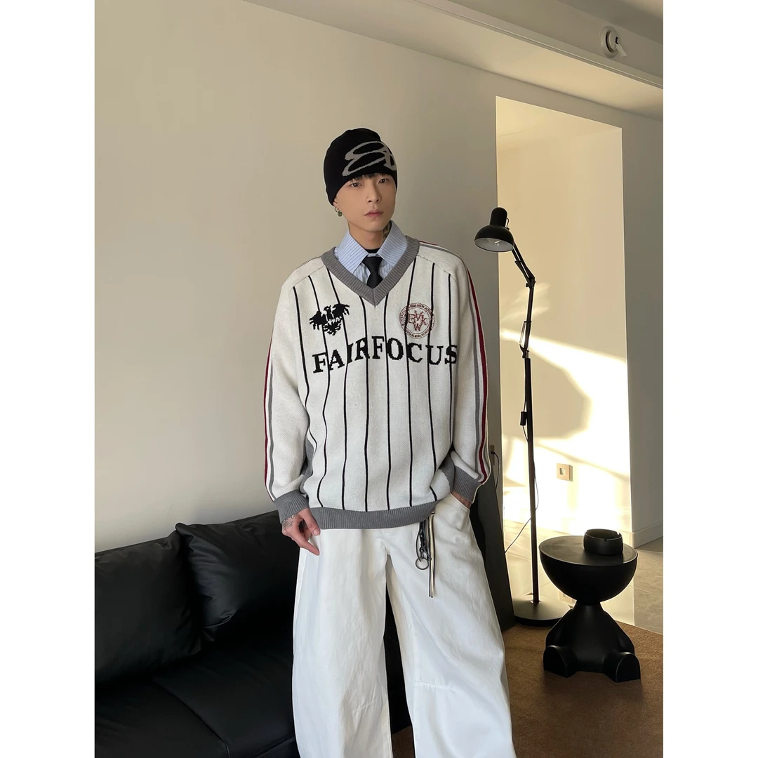 DAYAOBUTAIG复古美式设计感V领松弛感套头毛衣男女宽松针织衫长袖