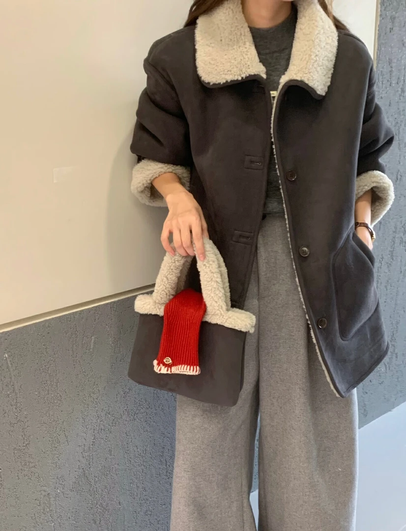 两面穿中长款冬季短外套保暖单排扣通勤加厚女INS风翻领（不配包）