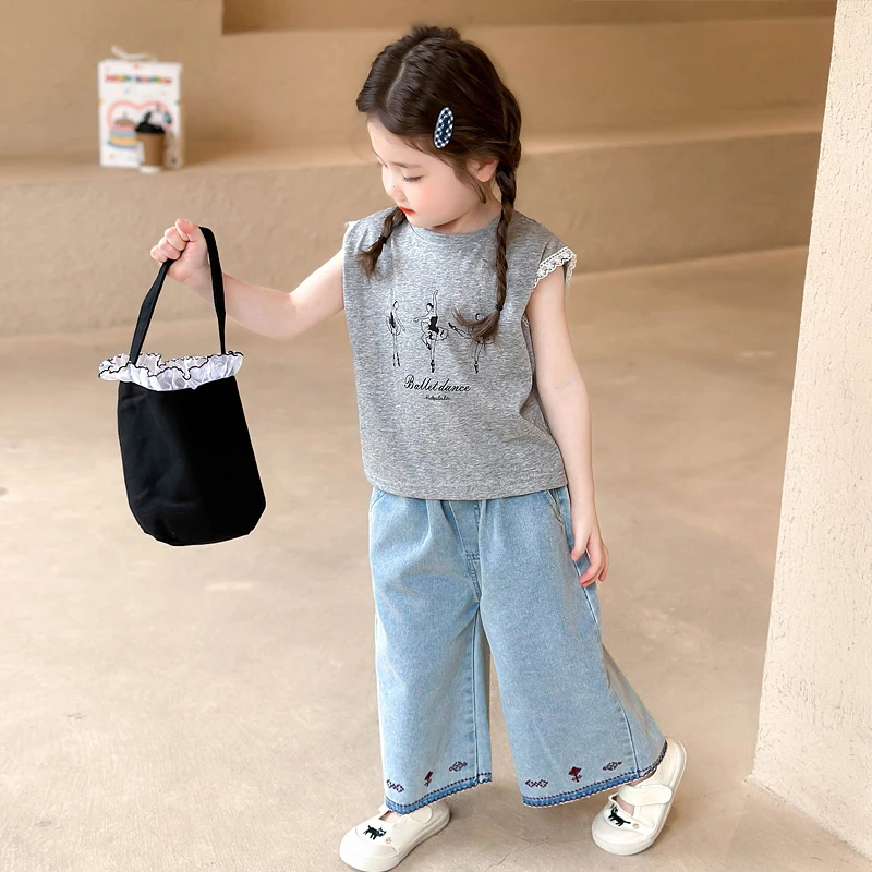 女童夏装套装2025夏季新款洋气花边无背心上衣软牛仔阔腿裤两件套