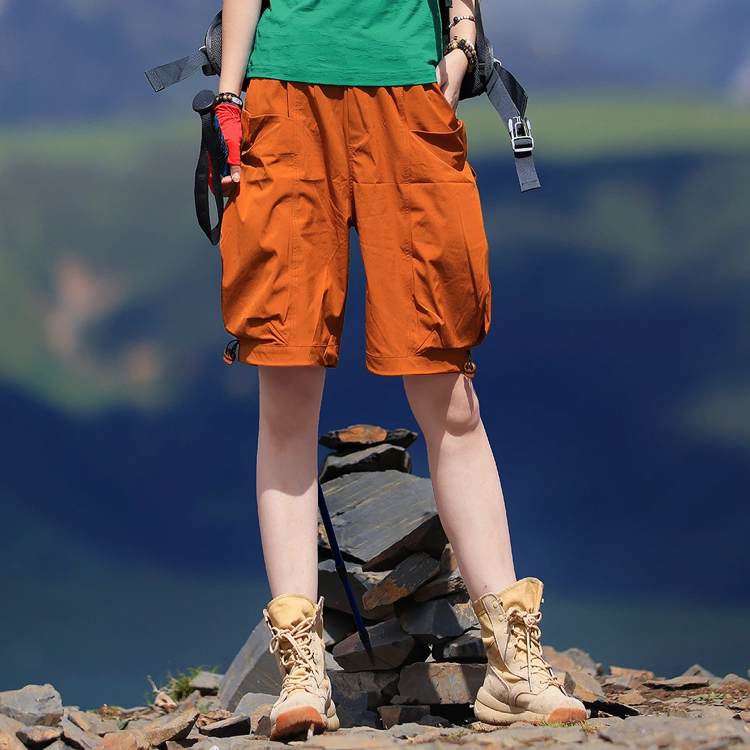 雪丘岛户外新款宽松文艺休闲出游露营速干透气工装阔腿宽松短裤女