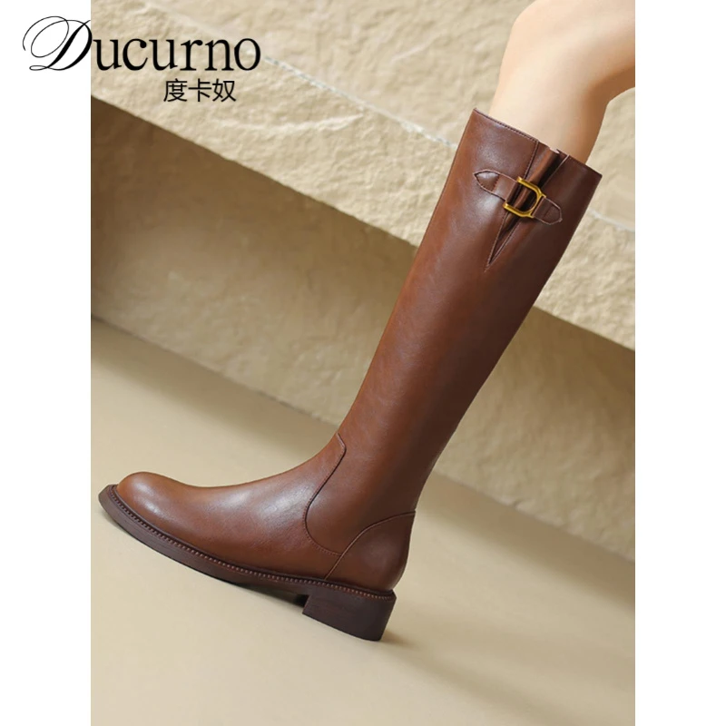 3.5CM平底长靴女棕色加绒皮带扣骑士靴冬新款百搭真皮覆古长筒靴