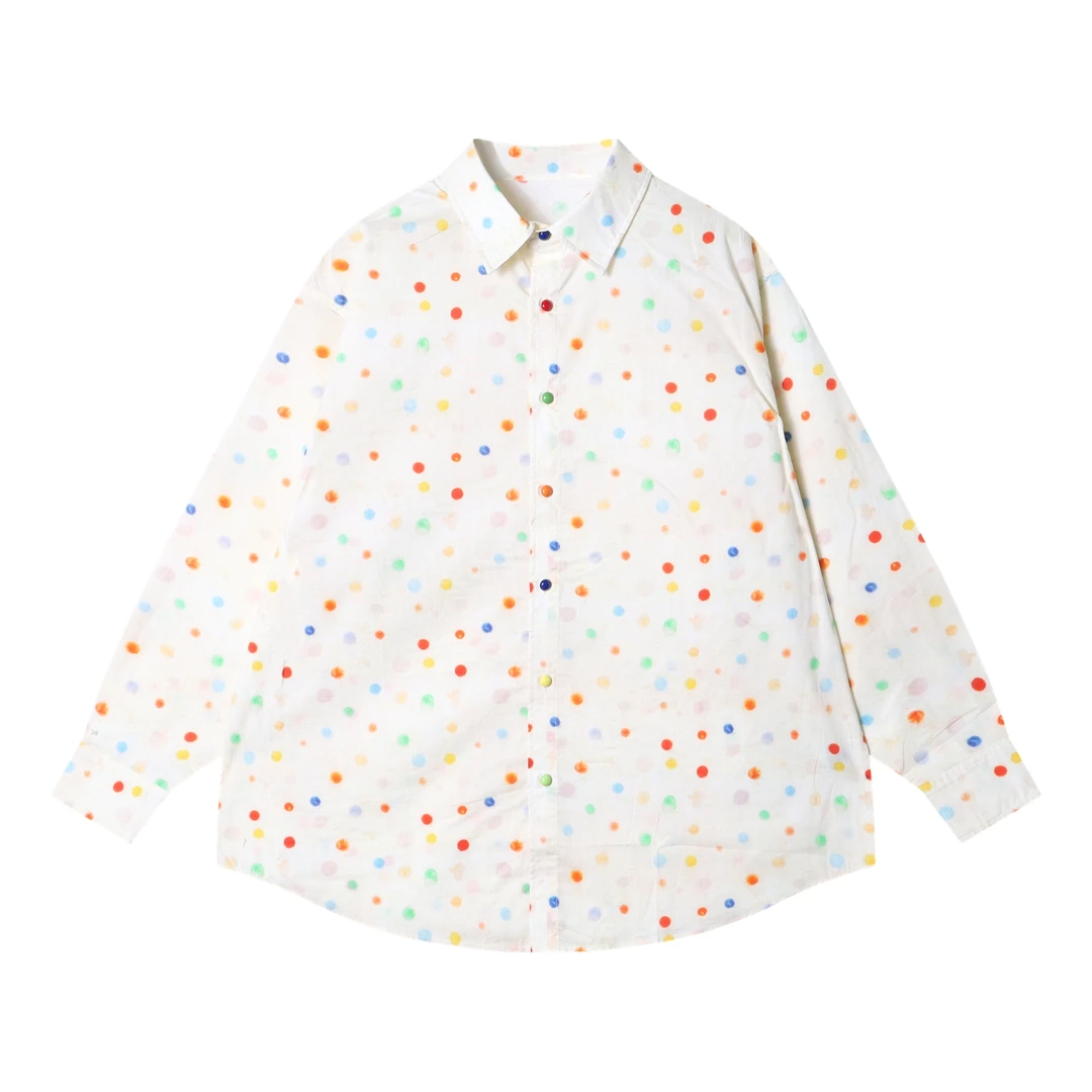 早春新款时尚个性彩色撞色圆点翻领长袖衬衫小众设计百搭情侣上衣
