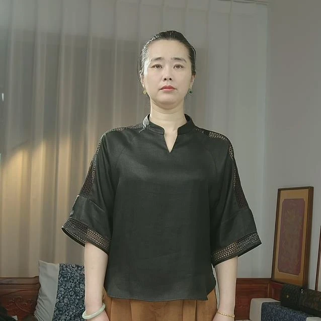品叔&设计 · 桑蚕丝素绉缎莨绸镂空绣花上衣