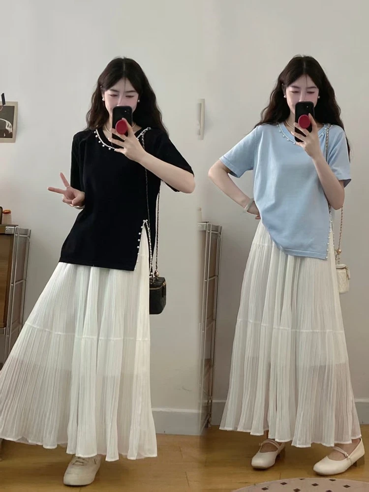 设计感开叉钉珠短袖T恤半身裙两件套女夏季大码时尚气质显瘦套装