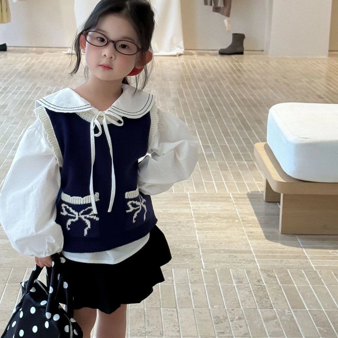 小思家25秋季新款韩版女童学院风毛线马甲海军领衬衫百褶裙套装