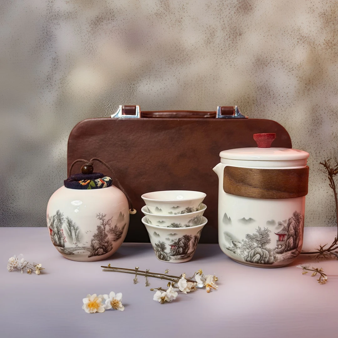 AA161高端点釉水墨山水旅行套装陶瓷户外露营复古